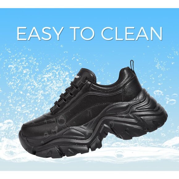 Women's Black Chunky Rubber Platform Casual Lace-Up Walking Sneaker Shoes - Picture 2 of 9